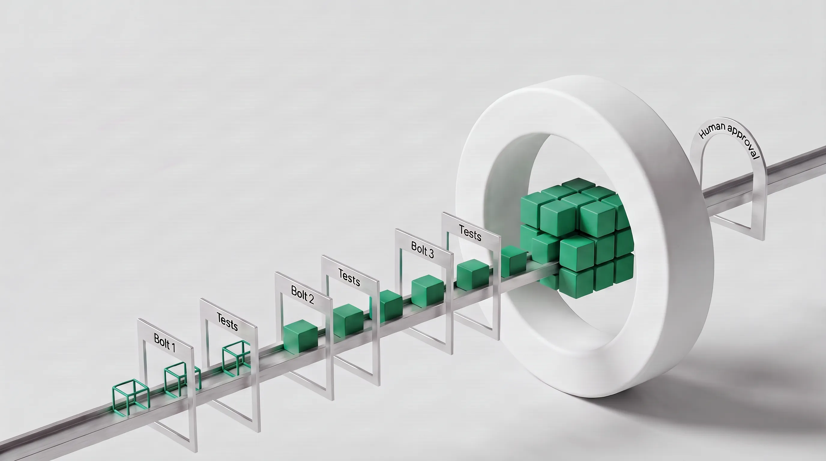 Units of work pass through Bolt and Tests frames on the rail, turn solid once tested, and assemble into a block inside the Construction ring.